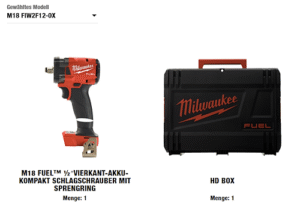 Lieferumfang Milwaukee M18 FUEL™ ½″ Vierkant-Akku-Kompakt Schlagschrauber mit Sprengring
